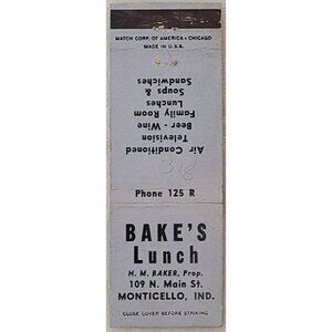 Vintage Matchbook Cover Bake’s Lunch Monticello IN Indiana